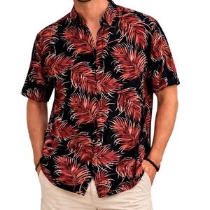 Caribbean Button Down Shirt Mens XL Black Rust Tropical Palm Leaf